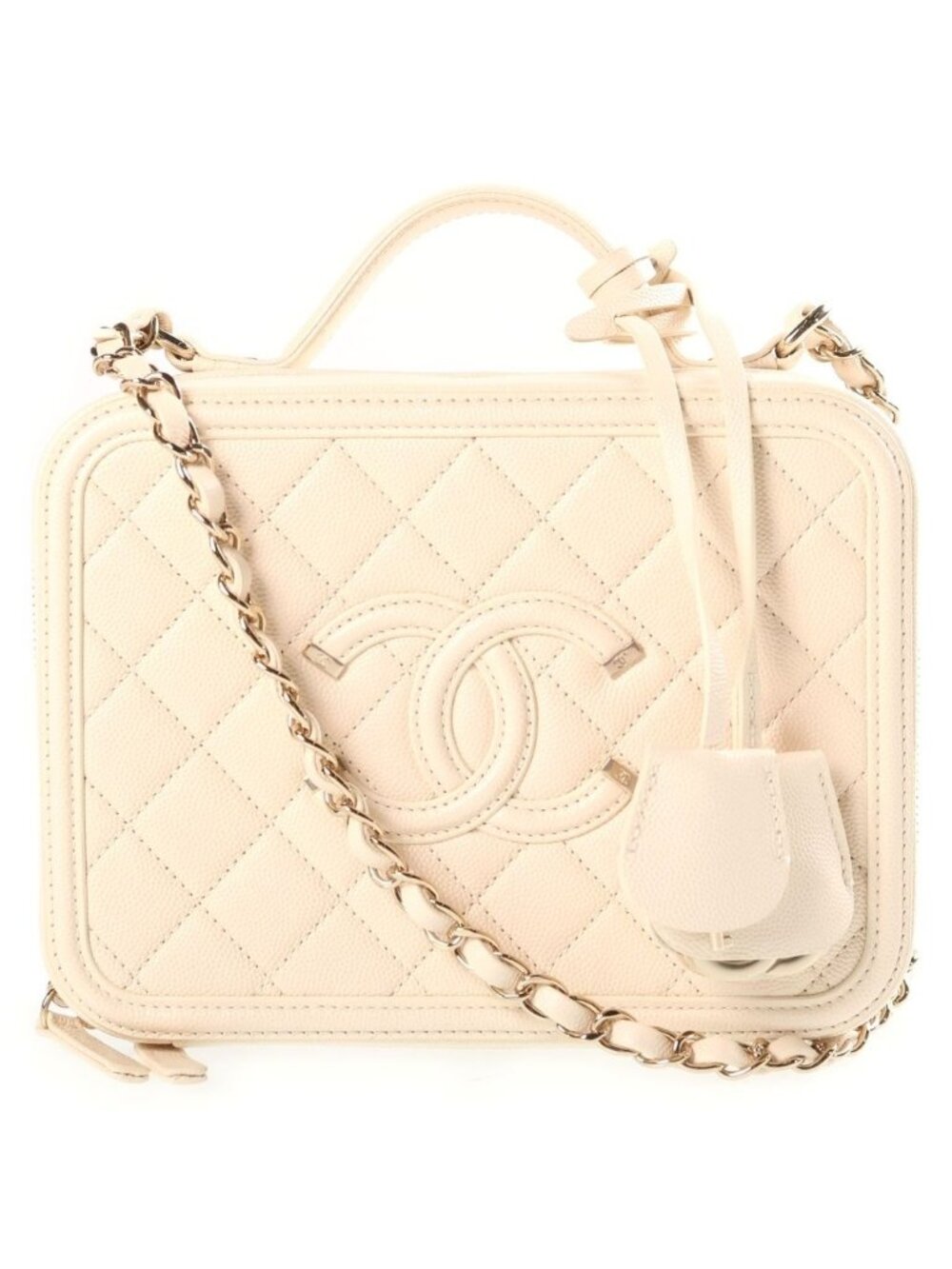 Chanel CC Filigree 2-Way Shoulder Bag Beige Leather Gold